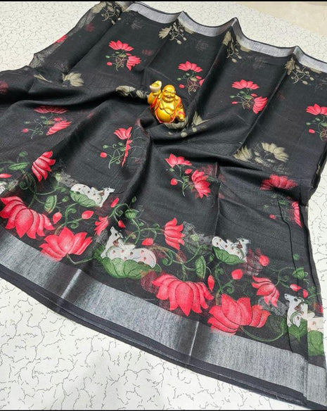 Original Linen Cotton sarees - LT43 Black