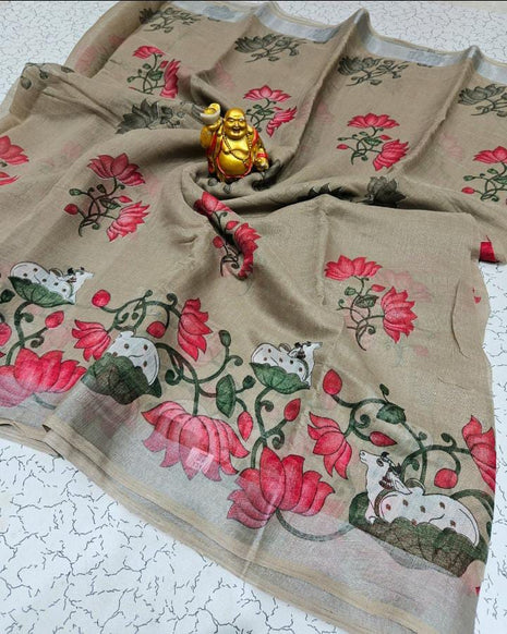 Original Linen Cotton sarees - LT42 Beige