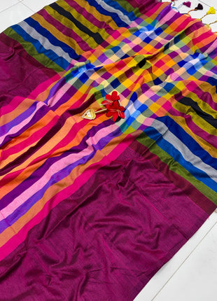 Multi Color Mulmul Cotton Saree - LT29 Multicolor Stripes