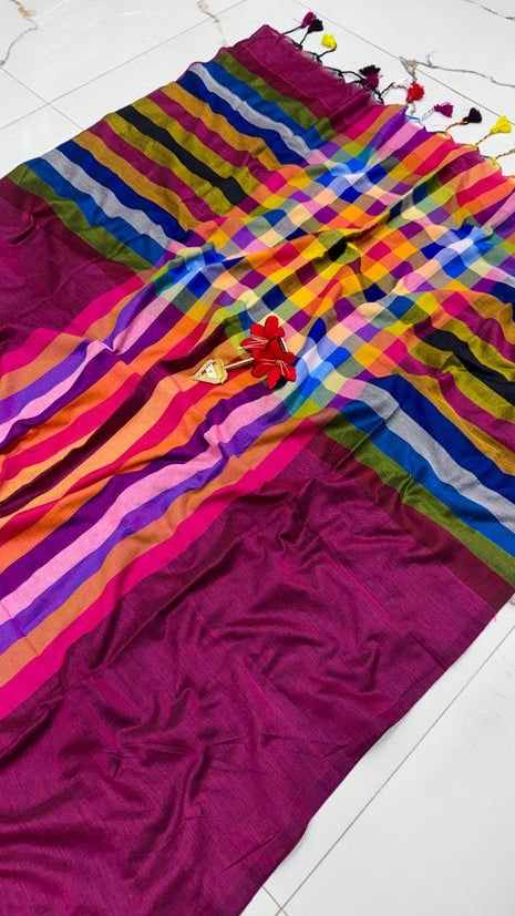 Multi Color Mulmul Cotton Saree - LT29 Multicolor Stripes