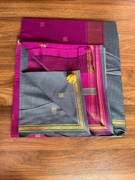Luna Silk Cotton Sarees - LTS145 Charcoal Grey & Dark Pink