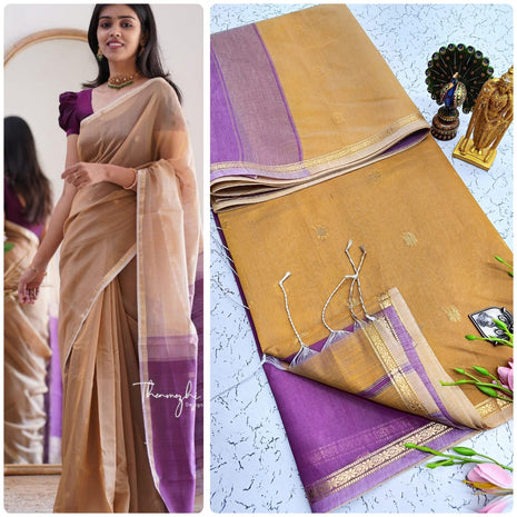 Luna Silk Cotton Sarees - LTS144 Light Brown & Plum