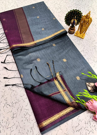 Luna Silk Cotton Saree - Grey  & Purple