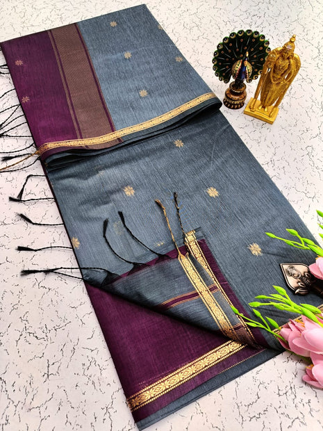 Luna Silk Cotton Saree - Grey  & Purple