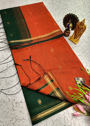 Luna Silk Cotton Saree - Orange & Green