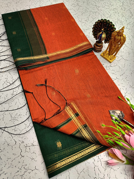 Luna Silk Cotton Saree - Orange & Green