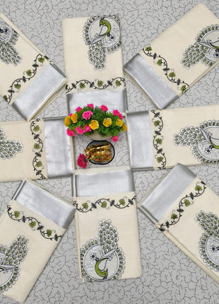 Kerala Silk Cotton Saree - LTS139 Silver Border Green