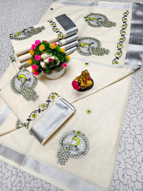 Kerala Silk Cotton Saree - LTS139 Silver Border Green