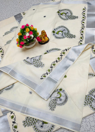 Kerala Silk Cotton Saree - LTS139 Silver Border Green