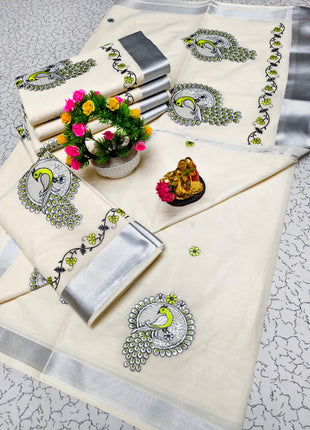 Kerala Silk Cotton Saree - LTS139 Silver Border Green