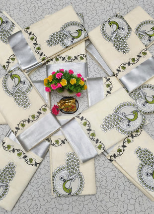 Kerala Silk Cotton Saree - LTS139 Silver Border Green