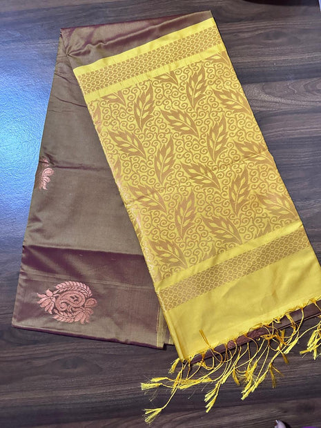 Fancy Soft Silk Butta Saree - LTS173 Brown & yELLOW