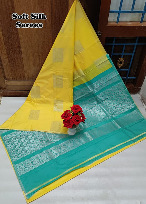 Fancy Soft Silk Saree Butta - Yellow And Seablue