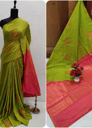 Fancy Soft Silk Butta Saree - Parrotgreen And Peach