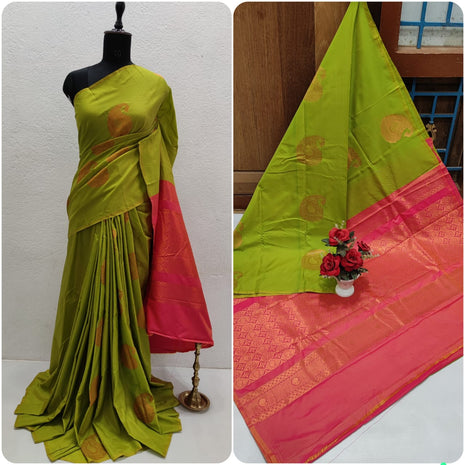 Fancy Soft Silk Butta Saree - Parrotgreen And Peach