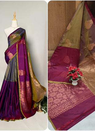 Fancy Soft Silk Butta Saree - Dark Meganta And Mehandi Green