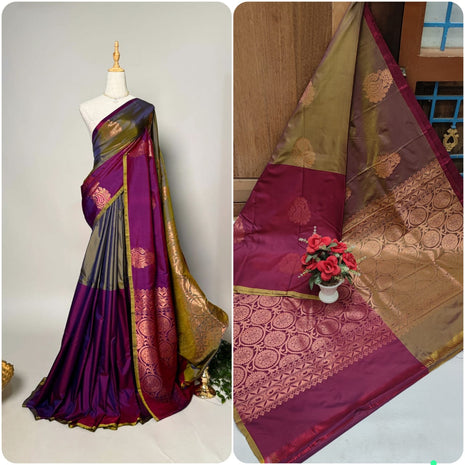 Fancy Soft Silk Butta Saree - Dark Meganta And Mehandi Green