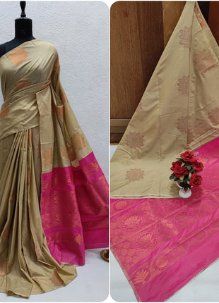 Fancy Soft Silk Butta Saree - Beige And Pink