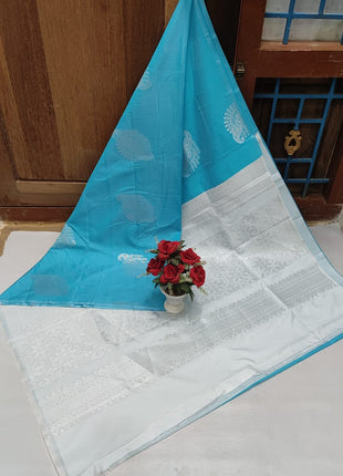 Fancy Soft Silk Butta Saree - Skyblue And White