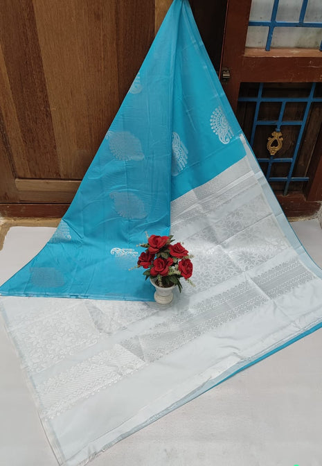 Fancy Soft Silk Butta Saree - Skyblue And White