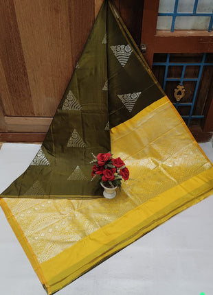 Fancy Soft Silk Butta Saree - Depp Olive Green And Yellow
