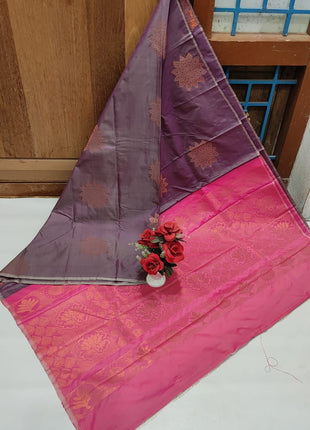 Fancy Soft Silk Butta Saree - Greyish Lavender And Pink