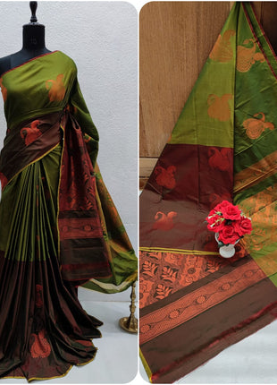 Fancy Soft Silk Butta Saree - Olive Green And Brown