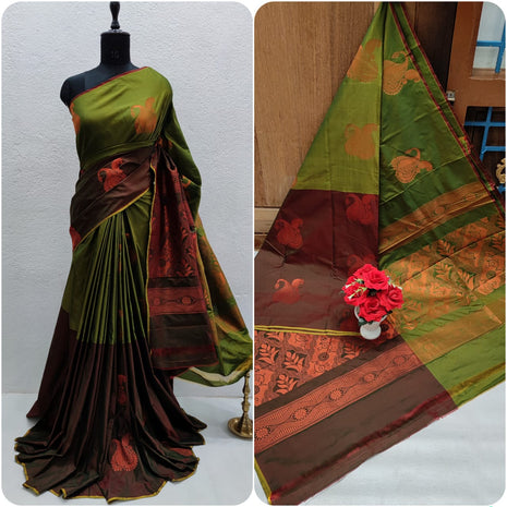 Fancy Soft Silk Butta Saree - Olive Green And Brown