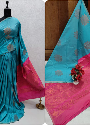 Fancy Soft Silk Saree - Skyblue And Pink