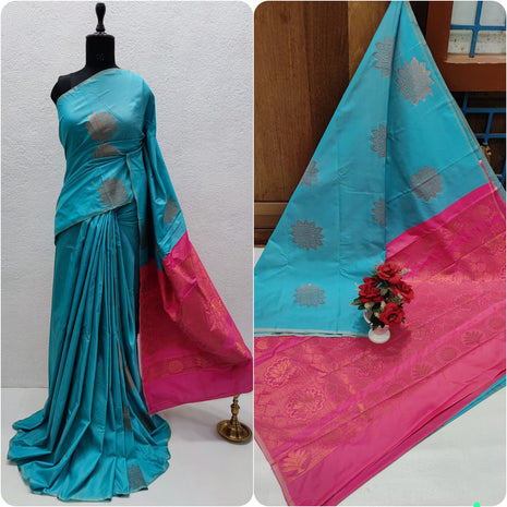 Fancy Soft Silk Saree - Skyblue And Pink