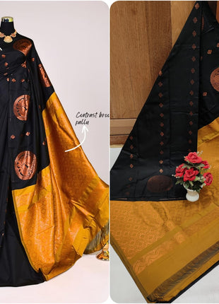 Fancy Soft Silk Butta Saree - Black And Mustard Yellow