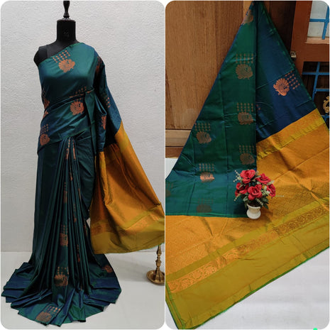 Fancy Soft Silk Butta Saree - Peacockblue And Mustard Yellow