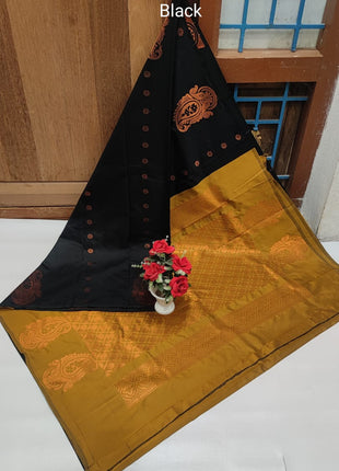 Fancy Soft Silk Butta Saree - Blalck And Mustard Yellow