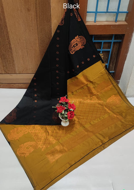 Fancy Soft Silk Butta Saree - Blalck And Mustard Yellow