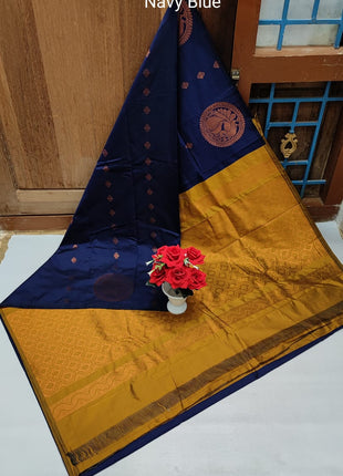 Fancy Soft Silk Butta Saree - Navyblue And Mustard Yellow
