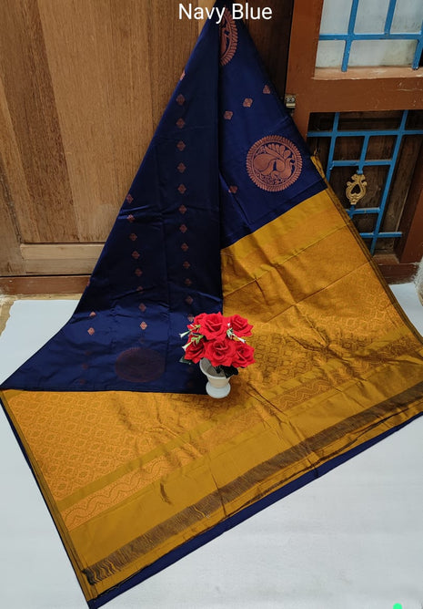 Fancy Soft Silk Butta Saree - Navyblue And Mustard Yellow