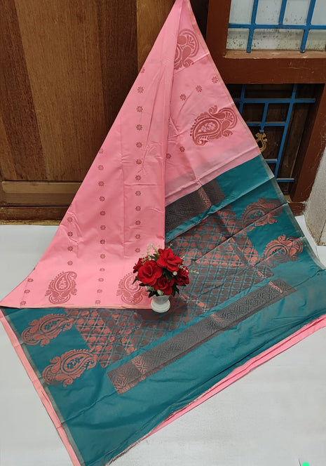Fancy Soft Silk Butta Saree - Baby Pink And Teal Blue