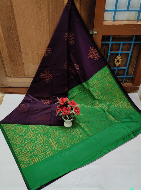 Fancy Soft Silk Butta Saree - Dark Purple And Green