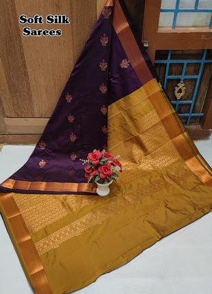 Fancy Soft Silk Butta Saree - Purple Mustard Yellow