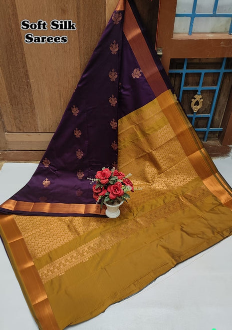 Fancy Soft Silk Butta Saree - Purple Mustard Yellow