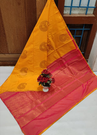 Fancy Soft Silk Butta Saree - Yellow And Pink