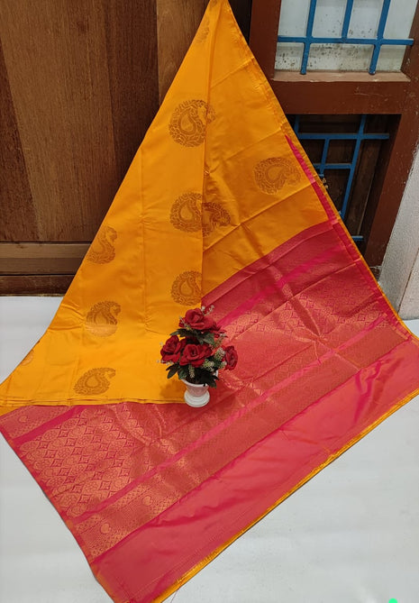 Fancy Soft Silk Butta Saree - Yellow And Pink