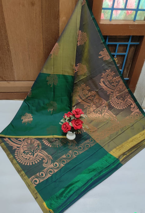 Fancy Soft Silk Butta Saree - Mehandi Green And Bottle Green