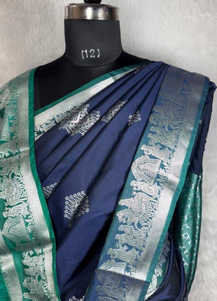 Kanchipuram Handloon Silk Saree - LTS175 Navyblue And Tealgreen