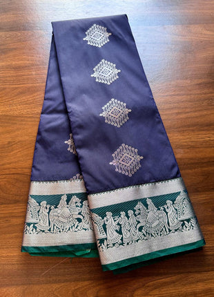 Kanchipuram Handloon Silk Saree - LTS175 Navyblue And Tealgreen