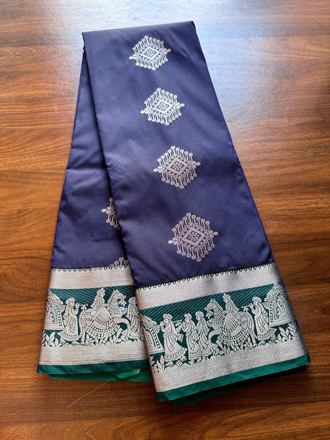 Kanchipuram Handloon Silk Saree - LTS175 Navyblue And Tealgreen