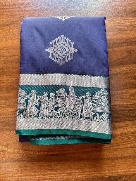 Kanchipuram Handloon Silk Saree - LTS175 Navyblue And Tealgreen