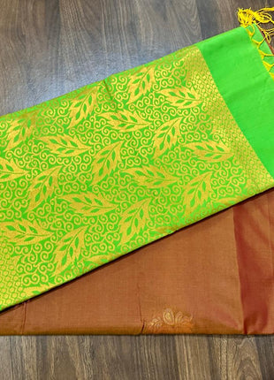 Fancy Soft Silk Bhutta Saree - LTS45 Burnt Orange  &  Lime Green