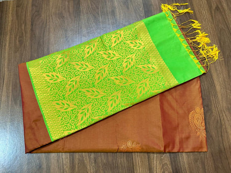 Fancy Soft Silk Bhutta Saree - LTS45 Burnt Orange  &  Lime Green