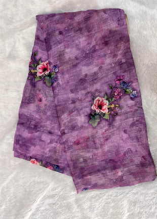 Handloom Floral Linen Soft Silk Cotton Saree -LTS104  Bright Violet